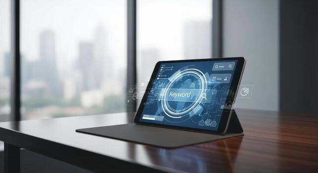 Tablet Displaying a Futuristic Interface on a Wooden Table Against an Urban Background photo