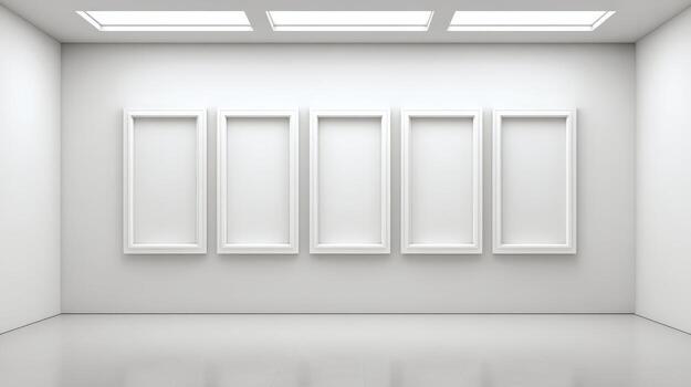 Modern Gallery Interior with Empty Frames on White Wall, Ideal for Art Display and Mockups photo
