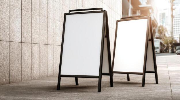Two Blank A-Frame Signs Stand Ready for Custom Messaging on a Busy City Street photo