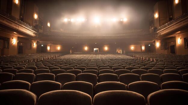 Empty Grand Theater Auditorium with Dramatic Lighting, Rows of Seats, and Classic Architecture photo