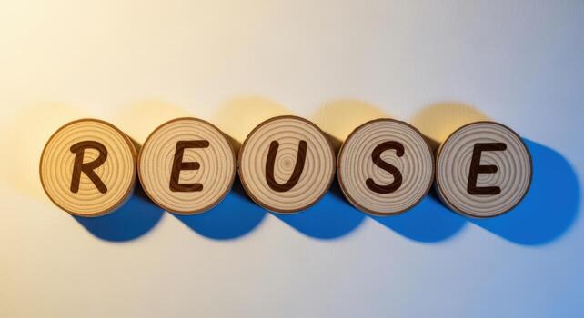 Reuse Concept Wooden Blocks Spelling Reuse on a Gradient Background, Representing Sustainability and Environmental Awareness photo