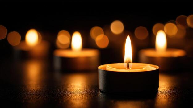Candlelight Serene, Glowing Tea Lights Illuminating Darkness with Warmth and Tranquility, Creating a Peaceful Atmosphere photo