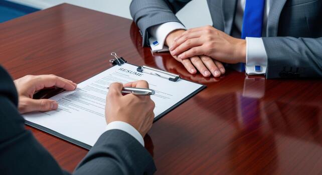 Professional Recruitment Interview Setting with Applicant and Interviewer Reviewing Resume for Employment photo