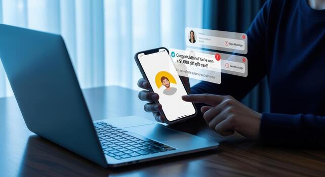 Woman Interacting with Mobile Notifications and Gift Card Offer on Smartphone While Working on Laptop photo