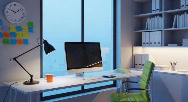 Modern Home Office Setup with Desk, Computer, Lamp, and Shelving Unit in Evening Light photo