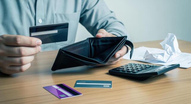 Empty Wallet and Credit Card Representing Financial Difficulty, Debt, and Economic Recession Impact on Consumer Spending photo