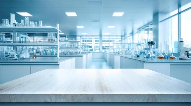 Modern Laboratory Background with Empty Countertop Ideal for Science, Research, and Product Mockups photo