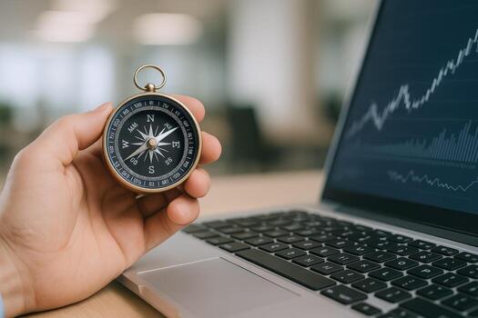 Navigating Financial Markets Compass and Stock Chart on Laptop for Investment Strategy and Guidance photo