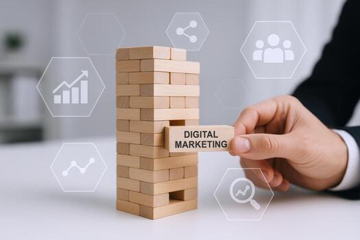Digital Marketing Strategy Concept Hand Pulling Wooden Block from Tower with Digital Overlay Icons photo