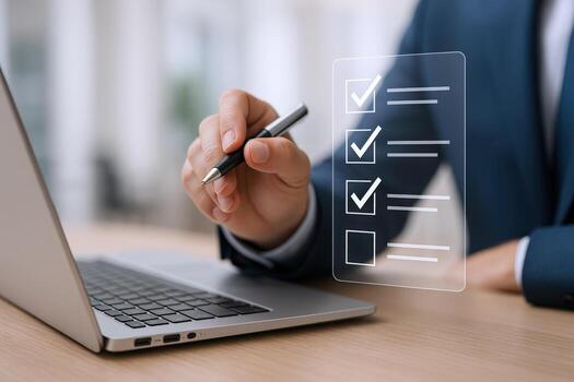 Digital Checklist Completion A Professional Man Ticking Boxes on a Virtual Interface Using Laptop photo