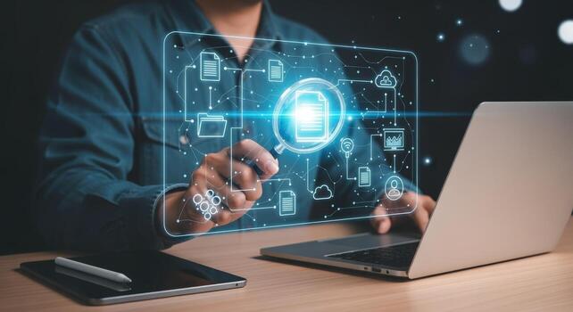 Data analysis illustration, man using laptop with search and document icons for information management photo