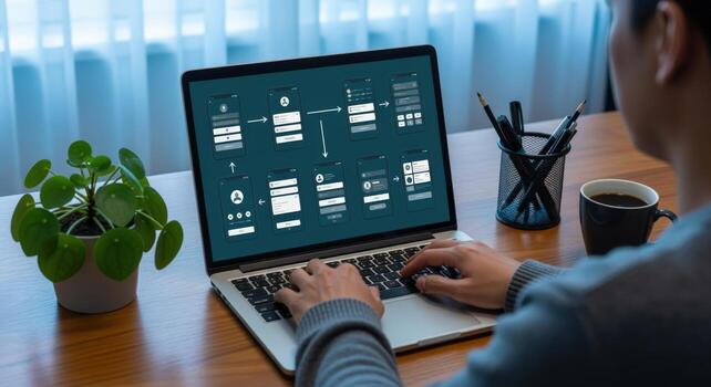 UX Designer Developing Mobile App Interface on Laptop Screen with Flowchart, Working from Home photo