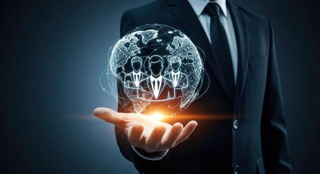 Global Business Network and Connection Concept Businessman Holding Digital World with Teamwork Icon photo