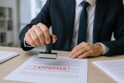 Document Approval Businessman Stamping Approved on Legal Contract in Office Setting, Business Decision and Authorization photo