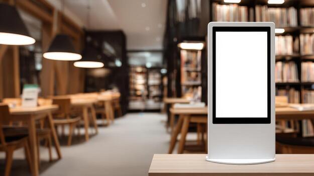 Digital Signage Mockup in Modern Library Cafe Advertising Display for Menu, Events and Promotions photo