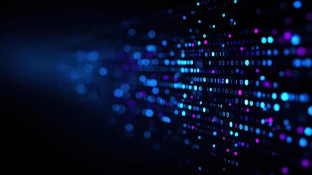 futurista datos corriente visualización digital binario código antecedentes con resumen brillante partículas en azul y púrpura foto