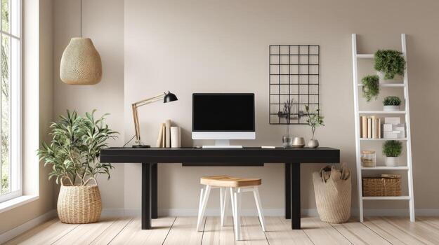 Modern Home Office Setup with Computer, Plants, and Natural Light for Remote Work photo