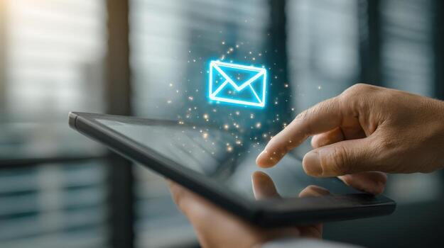 Person Using Tablet with Email Icon, Representing Digital Communication and Information Technology for Business Solutions photo
