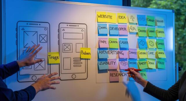 Mobile App Development User Interface Design Brainstorming Session with Sticky Notes on Whiteboard for Project Planning photo