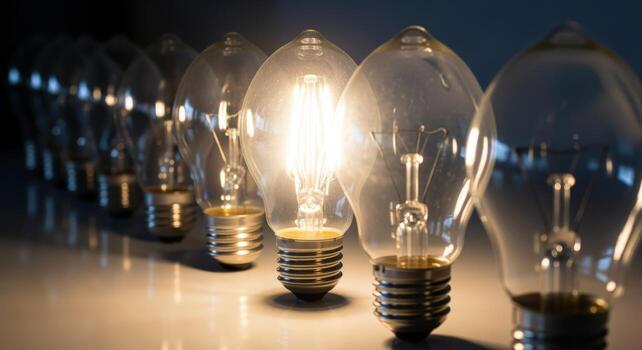 Illuminated Light Bulbs in a Row, Symbolizing Innovation, Idea Generation and Leadership Concepts photo