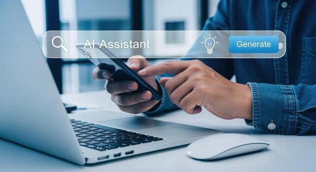 Man Using AI Assistant on Smartphone with Laptop, Highlighting Digital Technology and Modern Communication photo