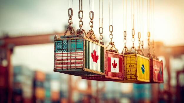 International Trade Concept Shipping Containers Displaying Flags Hanging from a Crane at a Port photo