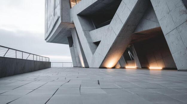 Modern architecture design featuring abstract concrete structure with dynamic geometry and illuminated elements against an overcast sky photo