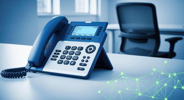 Blue IP telephone on a desk with empty chair in the office background photo