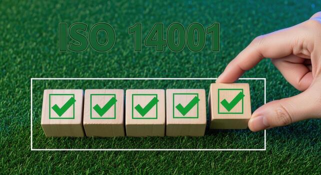 Environmental Management System Compliance Wooden Blocks with Checkmarks on Green Background photo