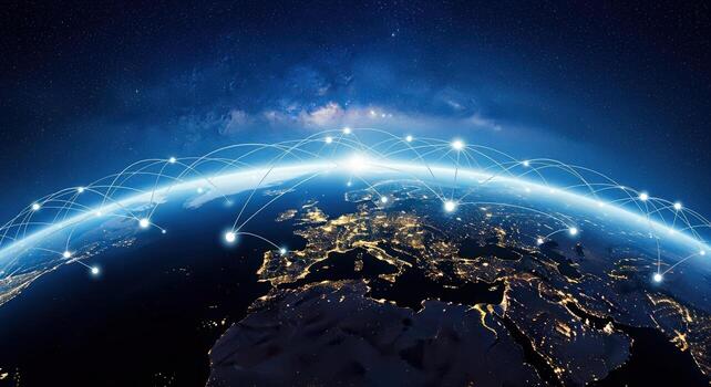 Global Network Connection Earth at Night with Interconnected Digital Communication Technology Representing Global Business and Data Exchange photo