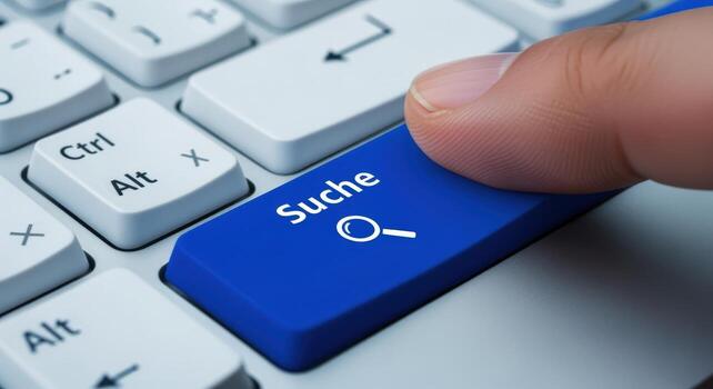 Close-up of a finger pressing a blue search key on a computer keyboard for online query photo