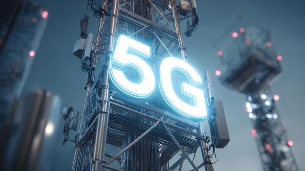 Modern 5G Cell Tower Infrastructure with Neon Display for Wireless Communication and Technology photo