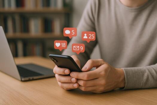 Close-up of Hands Using Smartphone for Social Media Engagement and Online Communication with Notifications photo