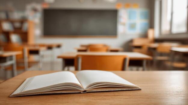 Open Book on Desk in Empty Classroom Education, Learning, and Academic Setting photo