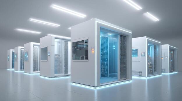 Data Center Infrastructure Modern Server Room with Rows of White Server Racks and Blue Lights photo