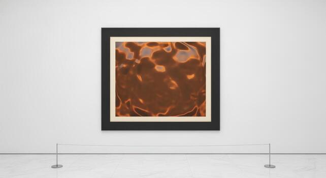 Abstract Art Piece in Gallery Setting Featuring Fluid Brown Tones Under Protective Barrier photo