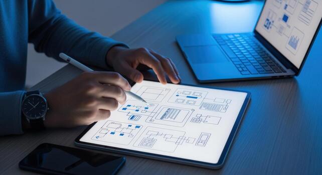 UX Designer Sketching UI on Tablet with Stylus for Mobile App Development, Laptop Nearby photo