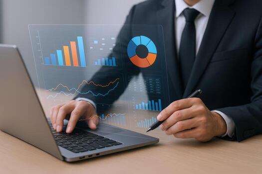 Businessman Analyzing Data Visualization on Laptop Screen Displaying Business Growth and Financial Statistics Charts photo