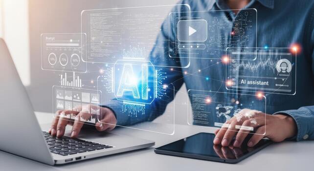 Artificial Intelligence Integration Man Using Laptop and Tablet with AI Interface Overlay, Showcasing Future Technology photo