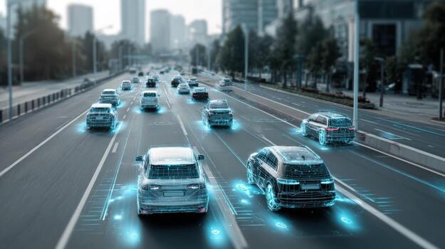 Autonomous Vehicle Fleet Driving on Urban Highway with Futuristic Technology Overlay, Representing Smart Transportation photo