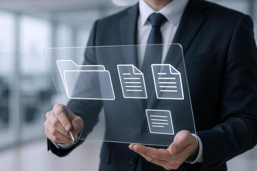 Businessman Interacting with Digital Document Management System via Transparent Interface, Modern Office Technology photo