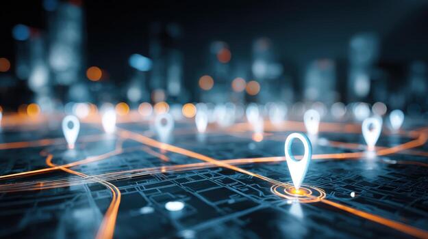 Digital City Map with Navigation Pointers Displaying Routes and Destinations in a Modern Urban Environment photo