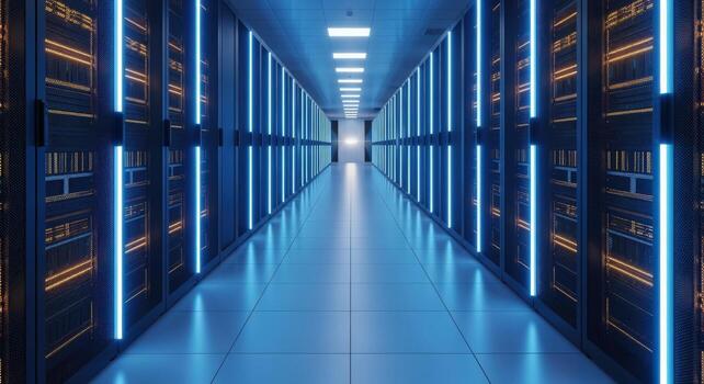 Data Center Interior with Server Racks Illuminated by Blue Lights, Showing High Technology and Computing Power photo