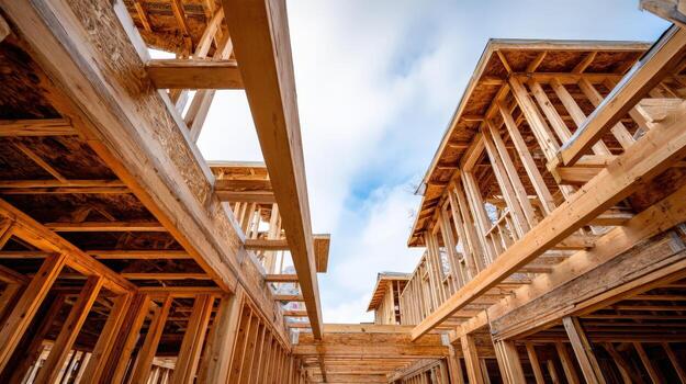 New Home Construction Framework with Sky View Carpentry and Wood Framing in Residential Building photo