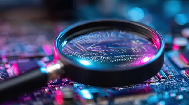 Magnifying Glass on Computer Circuit Board Close-up Technology Innovation, Cybersecurity Analysis, and Data Processing Concept photo