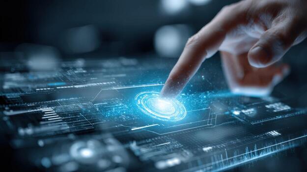 Finger Touching Digital Screen Interface with Glowing Elements for Interactive Control and Data Visualization photo