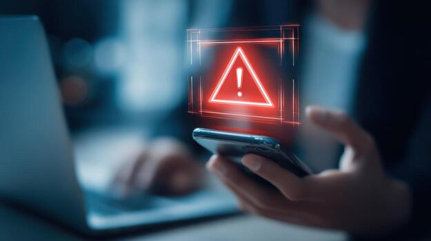 Cybersecurity Threat Alert on Mobile Phone with Laptop in Background, High Tech Security Concept photo