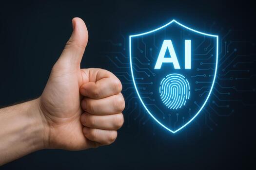 Artificial Intelligence Security Concept Hand Giving Thumbs Up Next to a Glowing Digital Shield with Fingerprint photo
