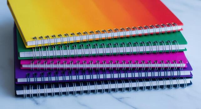 apilar de vibrante arco iris de colores cuadernos con espiral Unión en mármol superficie para educación foto