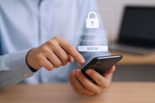 Mobile Security Access Man Uses Smartphone to Login to Secure Online Account photo